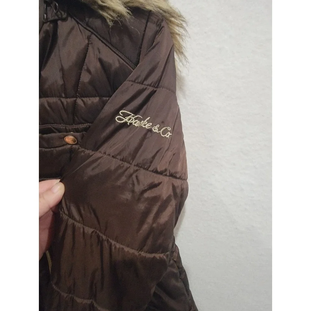 HAWKE & Co Girls Size 16 Brown Quilted Puffer Jacket Leopard Print Faux Fur Hood